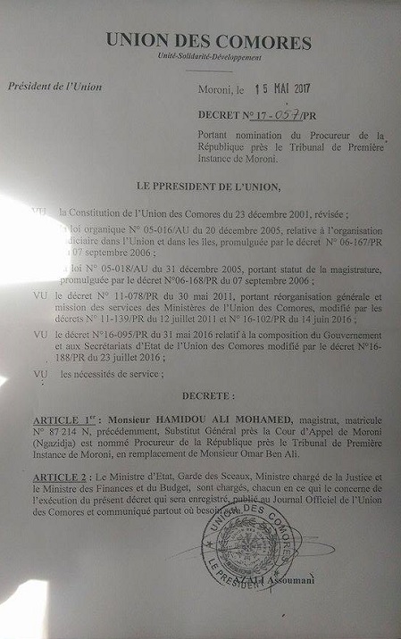 image Tribunal de Moroni:  Un nouveau Procureur de la République et président du TPI de Moroni
